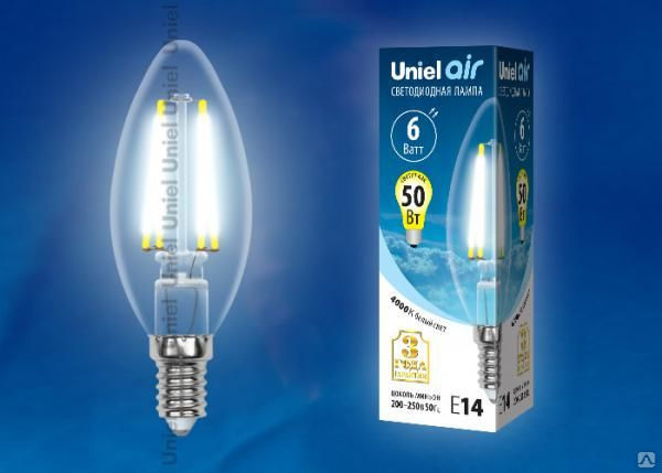 Лампа LED-C35-6W/NW/E14/CL GLA01TR Лампа светодиодная. Форма "свеча", прозр