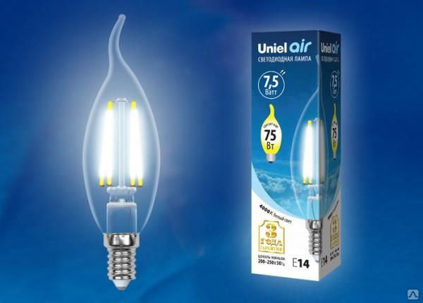 Лампа светодиодная LED-CW35-7,5W/NW/E14/CL GLA01TR Форма "свеча"