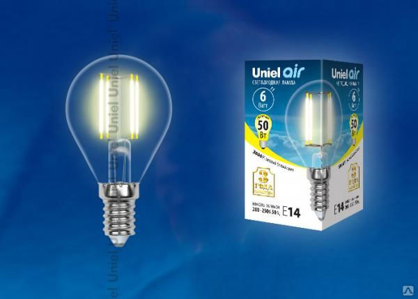 Лампа LED-G45-6W/WW/E14/CL GLA01TR Лампа светодиодная. Форма "шар", прозрач