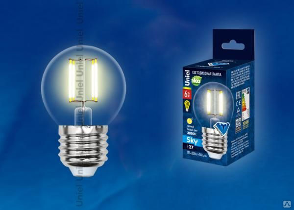 Лампа LED-G45-6W/WW/E27/CL PLS02WH Лампа светодиодная. Форма "шар", прозрач
