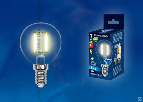 Лампа LED-G45-6W/WW/E14/CL PLS02WH Лампа светодиодная. Форма "шар", прозрач