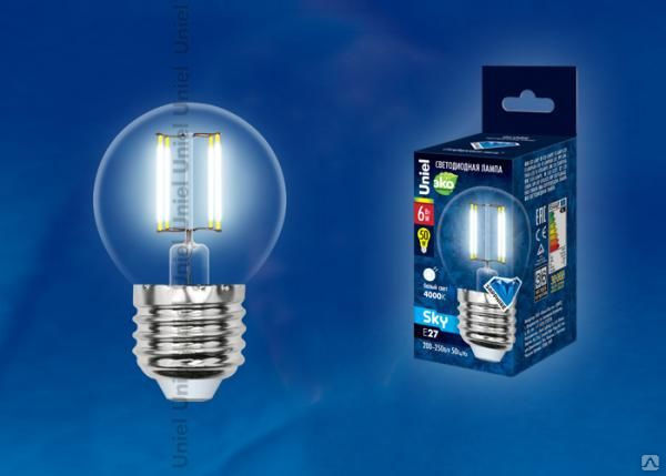Лампа LED-G45-6W/NW/E27/CL PLS02WH Лампа светодиодная. Форма "шар", прозрач