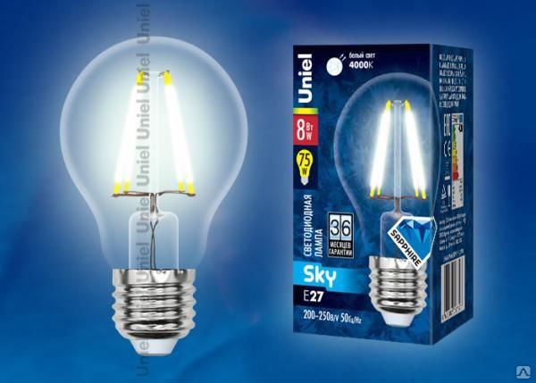 Лампа светодиодная LED-A60-8W/NW/E27/CL PLS02WH Форма "A"