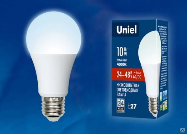 Лампа светодиодная LED-A60-10W/NW/E27/FR/24-48V PLO55WH 24-48В