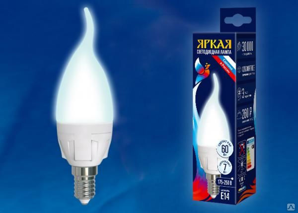 Лампа светодиодная LED-CW37 7W/NW/E14/FR PLP01WH Форма "свеча"