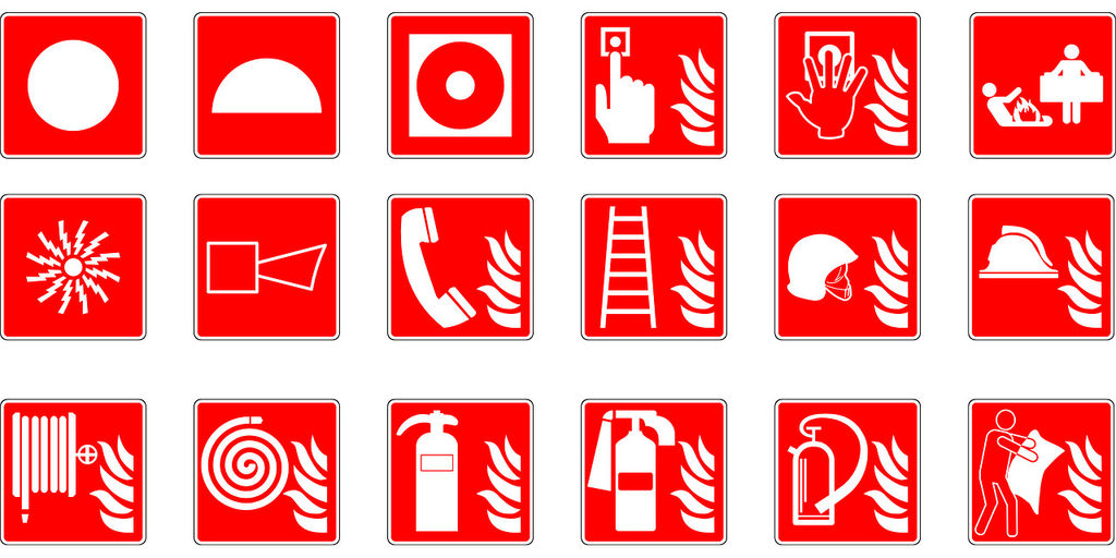 Знаки пожарного оборудования, белый на красном, легенда "FIRE EXTINGUISHER"