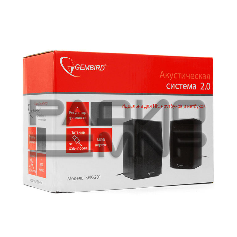 Акустическая система 2.0 SPK-201 "Gembird" (5Вт, регулятор громкости, USB-питание, МДФ, чёрный) 2