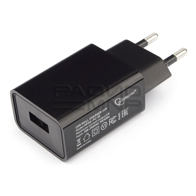Адаптер постоянного тока 220В с выходом 1гн.USB 5V, 2A (чёрный) MP3A-PC-25 "Cablexpert" 1