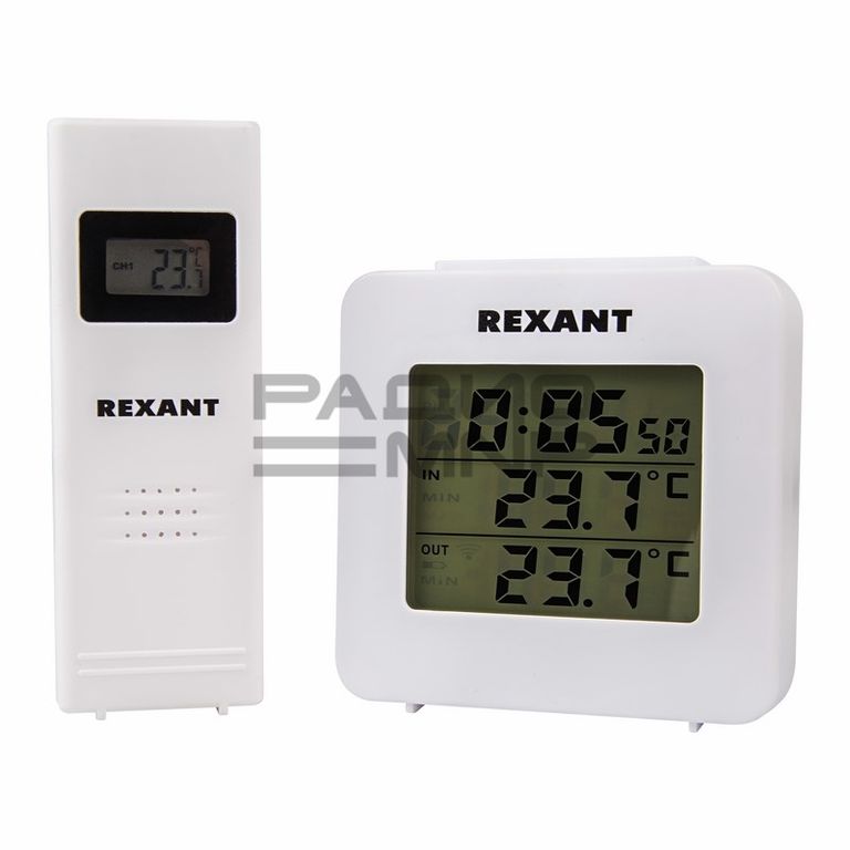 Комнатно-уличный термометр с беспроводным выносным датчиком и часами, влажность "Rexant"