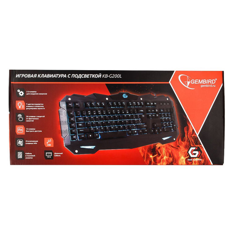 Клавиатура игровая "Gembird" KB-G200L,USB, 105кл.+ 5 клавиш, подсветка 7цветов, кабель 1,8м(чёрный) 9