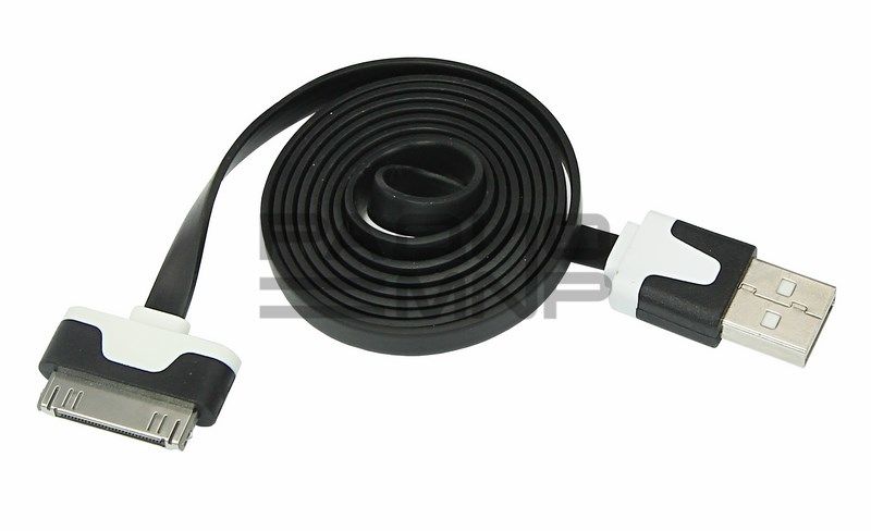 USB кабель для iPhone 3, 3GS, 4, 4S плоский шнур (чёрный) 1м "Rexant"