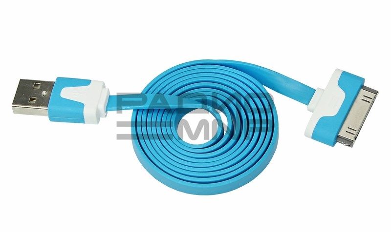 USB кабель для iPhone 3, 3GS, 4, 4S плоский шнур (синий) 1м